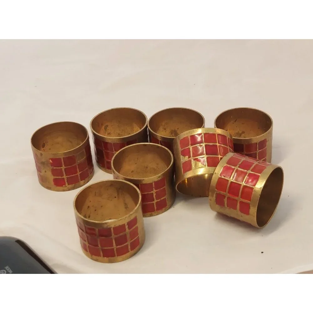 Pier 1 Vintage Brass with Red Enamel Napkin Rings Holder set of 8